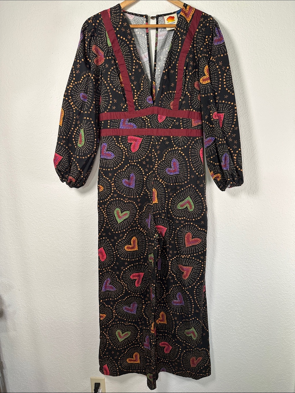 Farm Rio Anthropologie Black Jumpsuit Multicolor Heart Print and Burgundy Trim - Picture 6 of 9